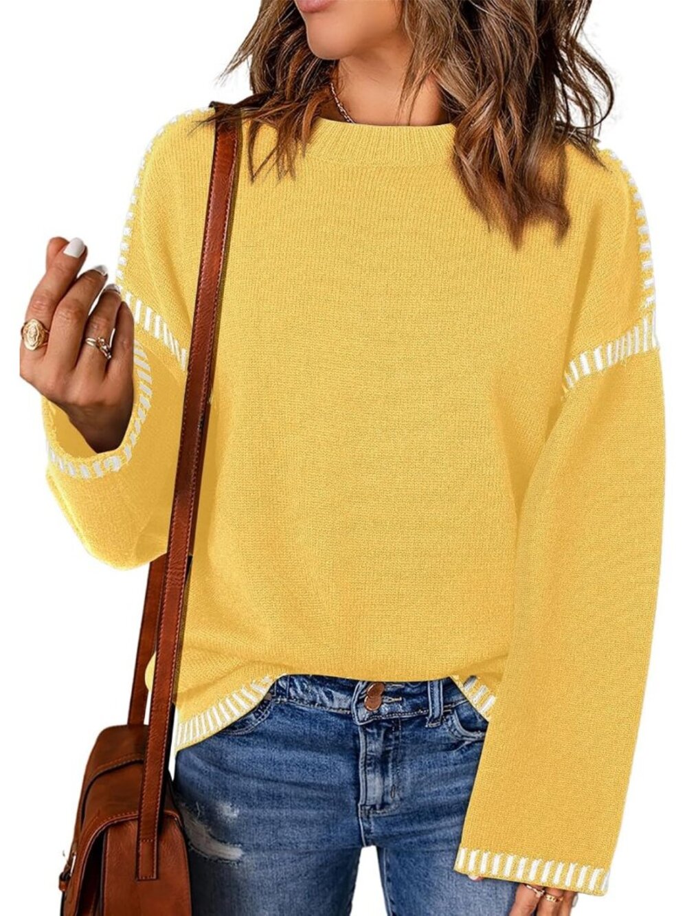 Women's Yellow Oversized Crewneck Long Sleeve Knit Casual Fashion Sweater Tops